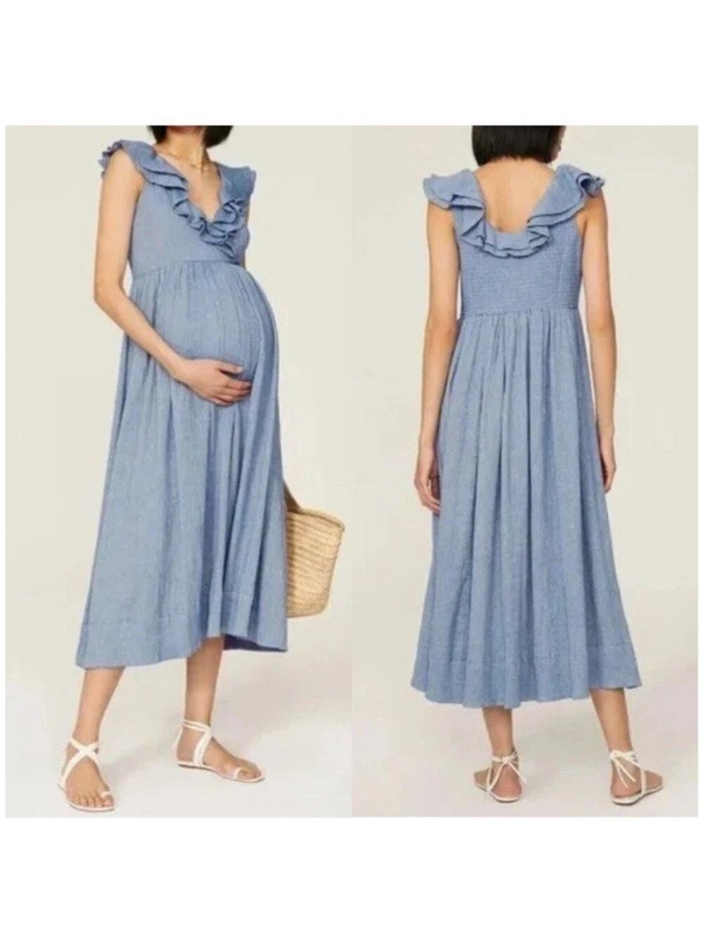 Hatch The Sarah Midi Dress SZ 2 or M Maternity Blue Ruffle Gauzy Cotton Cottage
